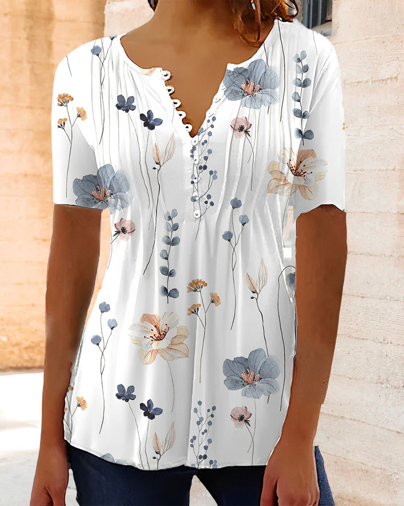 Blumenmuster Bluse mit V-Ausschnitt und Knopfdetails