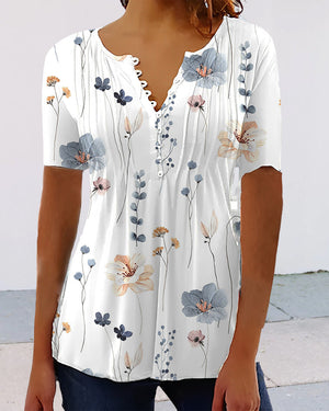 Blumenmuster Bluse mit V-Ausschnitt und Knopfdetails