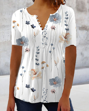 Blumenmuster Bluse mit V-Ausschnitt und Knopfdetails