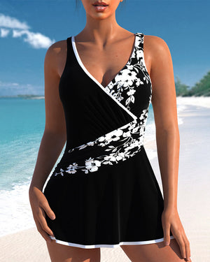 Blumendruck Tankini mit V-Ausschnitt und Rückenfreiem Design